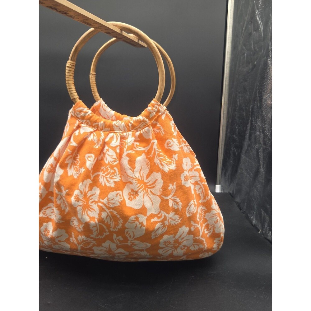 Rattan Bamboo Wooden Handles TROPICAL THEME Purse Bag Orange Summer Tote Clean